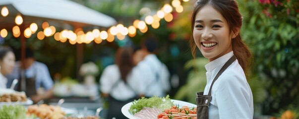 Waitress female catering a fresh delicious food  and serving on wedding