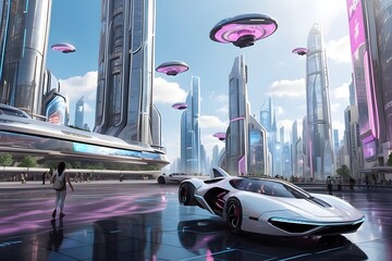 view of the future city, scientific city, a city with flying cars - obrazy, fototapety, plakaty