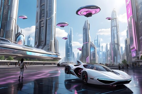 view of the future city, scientific city, a city with flying cars