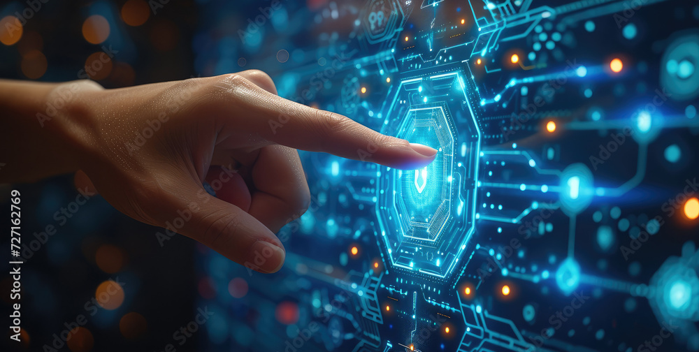Leinwandbilder side view of a hand pointing its finger at a blue technology screen with geometrical shapes. generat