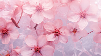 Pink background for spring, calmness, peace, love or cancer concepts. Cherry blossoms in bloom, symbolizing renewal and hope. Elegant pink petals in ice. Frosty natural winter or spring background