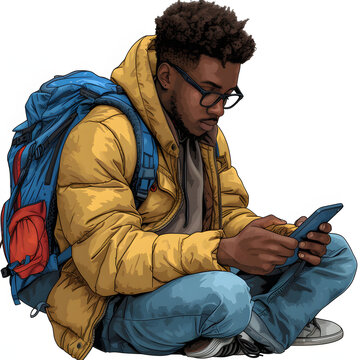 Black student studying with online resources on a smartphone isolated on white background, pop-art, png
