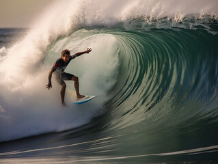 A skilled surfer effortlessly rides a wave, displaying remarkable style and perfect balance.