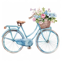 Fototapeta na wymiar Watercolor romantic blue bike with flowers basket in pastel colors Clipart isolated on white Background