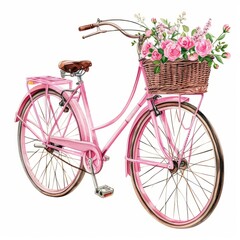 Fototapeta na wymiar watercolor romantic pink Bicycle with a basket of flowers Clipart isolated on white Background 