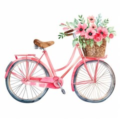 watercolor romantic pink Bicycle with a basket of flowers Clipart isolated on white Background

