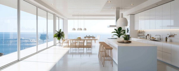 modern kitchen interior with panoramic windows,design, interior visualization