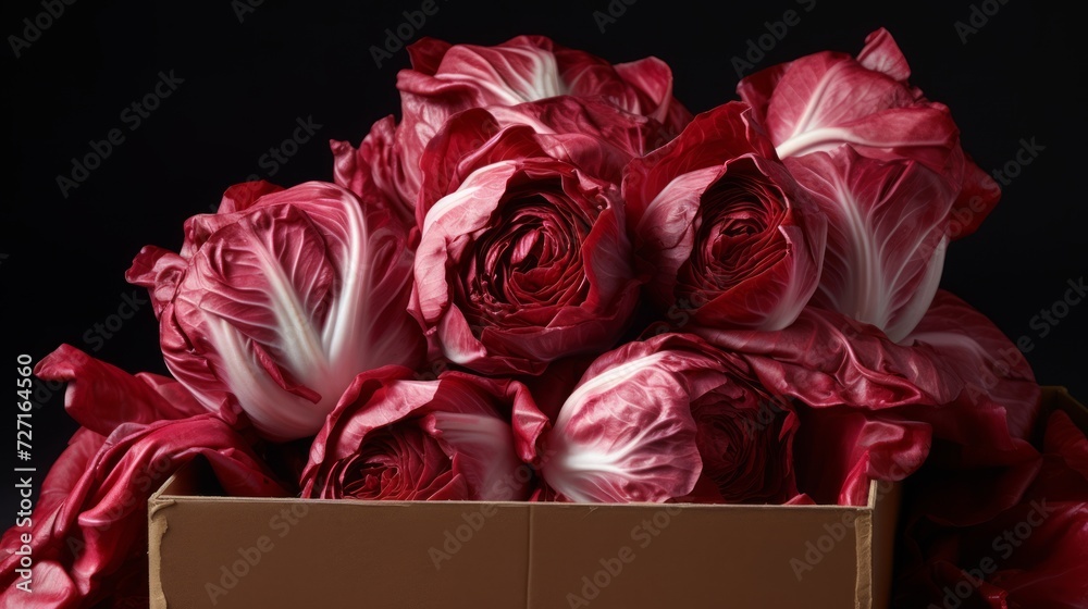 Poster close-up realistic photo featuring a box filled with crisp, red radicchio generative ai