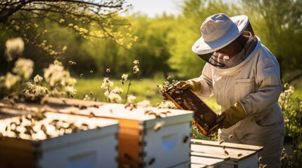 Beekeeper inspecting beehives and collecting honeycombs on a sunny day Generative AI