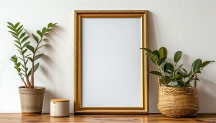Empty gold picture frame mockup in minimalist interior with flower vase