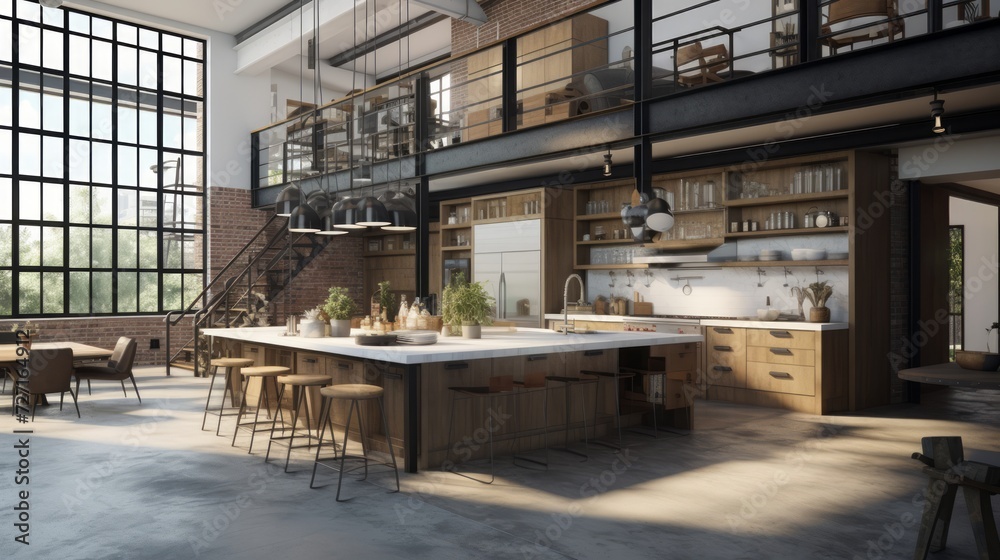 Aufkleber intricate rendering of a loft-style kitchen with an open layout, exposed ductwork, and urban chic de