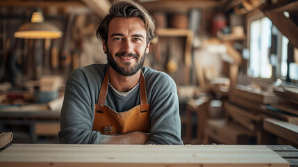 Obraz premium Positive man working in joinery workshop. Generative AI.