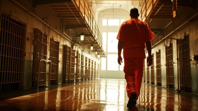 prisoner walking in orange uniform
