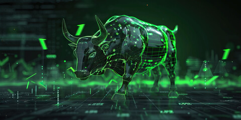 Bullish Trends: An Illustration Depicting a Bull Symbolizing a Rising Stock Market, with Green Arrows Pointing Upward