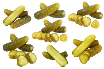 Pickled gherkins, marinated cucumbers isolated on white background