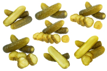 Pickled gherkins, marinated cucumbers isolated on white background