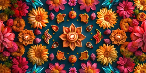 Fototapeta na wymiar A digital collage of Diwali elements like diyas, flowers, and sweets forming a decorative pattern.