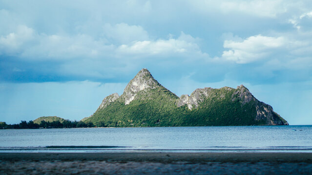 Ao Manao Beach or Lime Bay with island, Prachuap Khiri Khan, Thailand, Summer landscape with sea and mountain range.