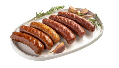 Sausages with spices and herbs isolated on transparent background. Top view.