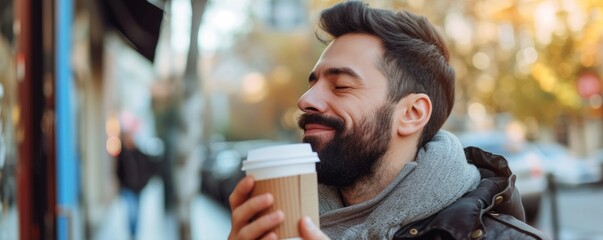 Happy man with eyes closed and smell takeaway coffee