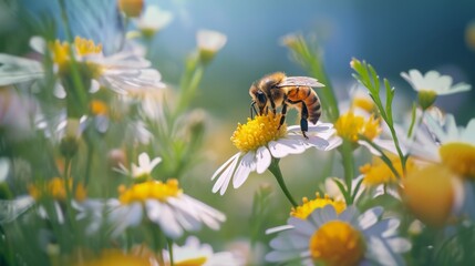 Obraz premium Bee Perched on White and Yellow Flower in Close-Up View, Spring