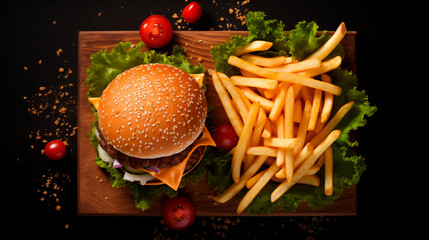 Obraz na płótnie Canvas Fast food. Burger, fries and lettuce on a dark background. Fresh tasty hamburger, fast food serving