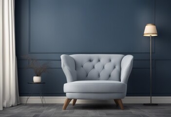 The interior has a armchair on empty dark blue wall background, Generative AI