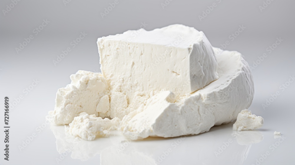 Aufkleber close-up realistic photo of a crumbly feta cheese against a white background generative ai