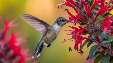 Hummingbird Hovering Over Cluster of Red Flowers in a Garden, Spring