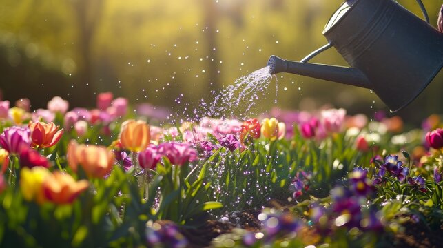 Person Watering Flowers With a Watering Can, Spring