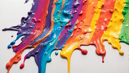 Rainbow colored paint dripping on white background