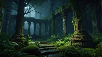 Ancient Ruins Shrouded in Nocturnal Intrigue - obrazy, fototapety, plakaty