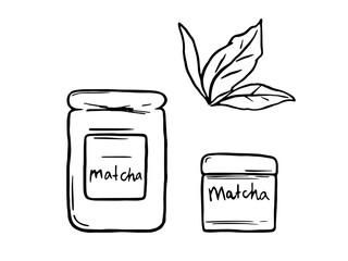 Doodle Matcha tea packings and leaves. Japanese green tea illustrations set - 727167771