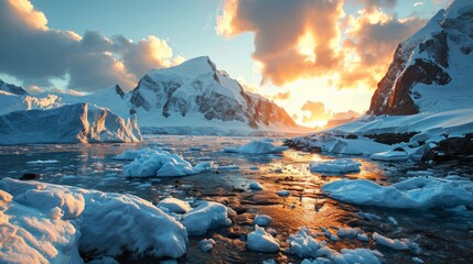 Glacial panorama, vibrant sun setting, glistening ice, dramatic hues, immersive photorealistic Antarctica Generative AI - Powered by Adobe