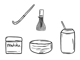 Doodle Matcha tea elements. Japanese green tea illustrations set - 727167779