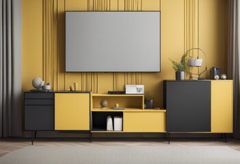 Black cabinet for tv interior yellow wall mockup, Generative AI
