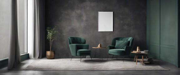 Style loft interior with dark green armchair on dark cement wall, Generative AI - obrazy, fototapety, plakaty