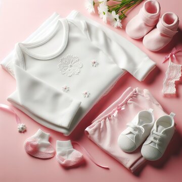 White baby clothes on pink background copy space