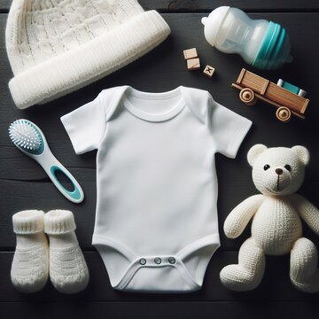 White baby clothes on dark background copy space