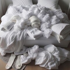 White sheets and blankets after use, Wrinkled and disorganized