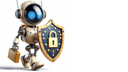 A robot with a briefcase is holding a shield with a lock on it. isolated in white background