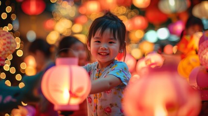 Fototapeta na wymiar Little Girl Standing in Front of Lanterns at Night, Ramadan