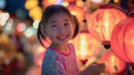 Fototapeta na wymiar Little Girl Standing in Front of Lanterns at Night, Ramadan
