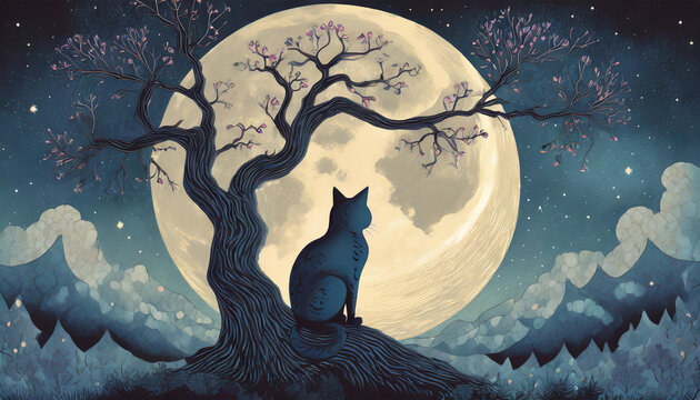 moon and stars with cat sitting in a tree