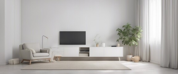 Mockup a TV wall mounted with armchair in living room with a white wall, Generative AI