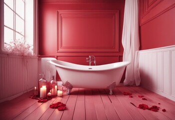 Valentine's day in bathroom with bathtub on empty red wall, Generative AI - obrazy, fototapety, plakaty