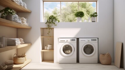 An airy, bright room with a minimalistic design, showcasing a compact washing machine tucked neatly...