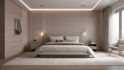 modern interior design. 3D rendering of the bedroom. Front view.