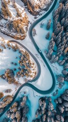 Aerial view of the winding Snake Road in winter in the Dolomite Alps of Italy