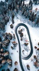 Aerial view of the winding Snake Road in winter in the Dolomite Alps of Italy